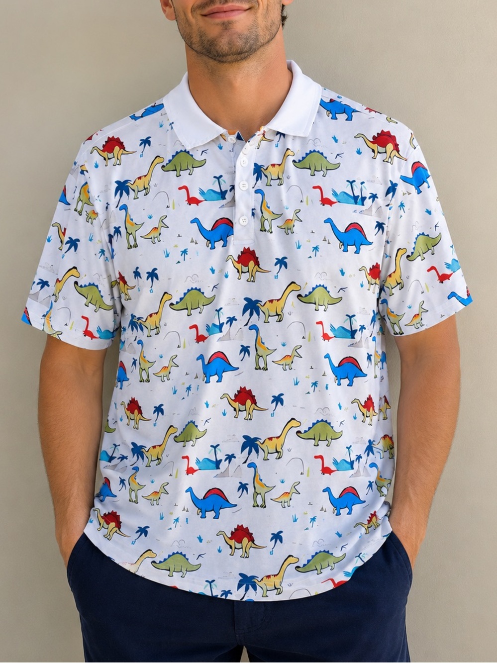 Men’s XL Dinosaur Print Golf Polo Shirt White Novelty Short Sleeve